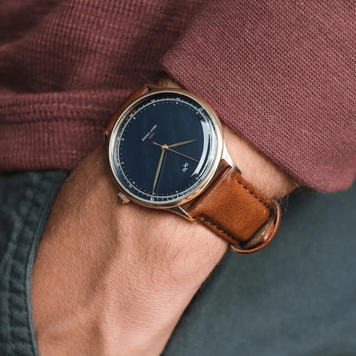 About Vintage 1969 Gold Midnight Blue watch worn on wrist