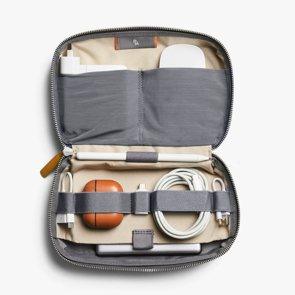 Bellroy Tech Kit open with organized cables and accessories