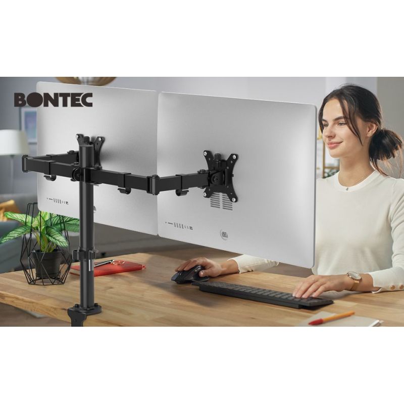 BONTEC MDM002L dual monitor desk mount in use