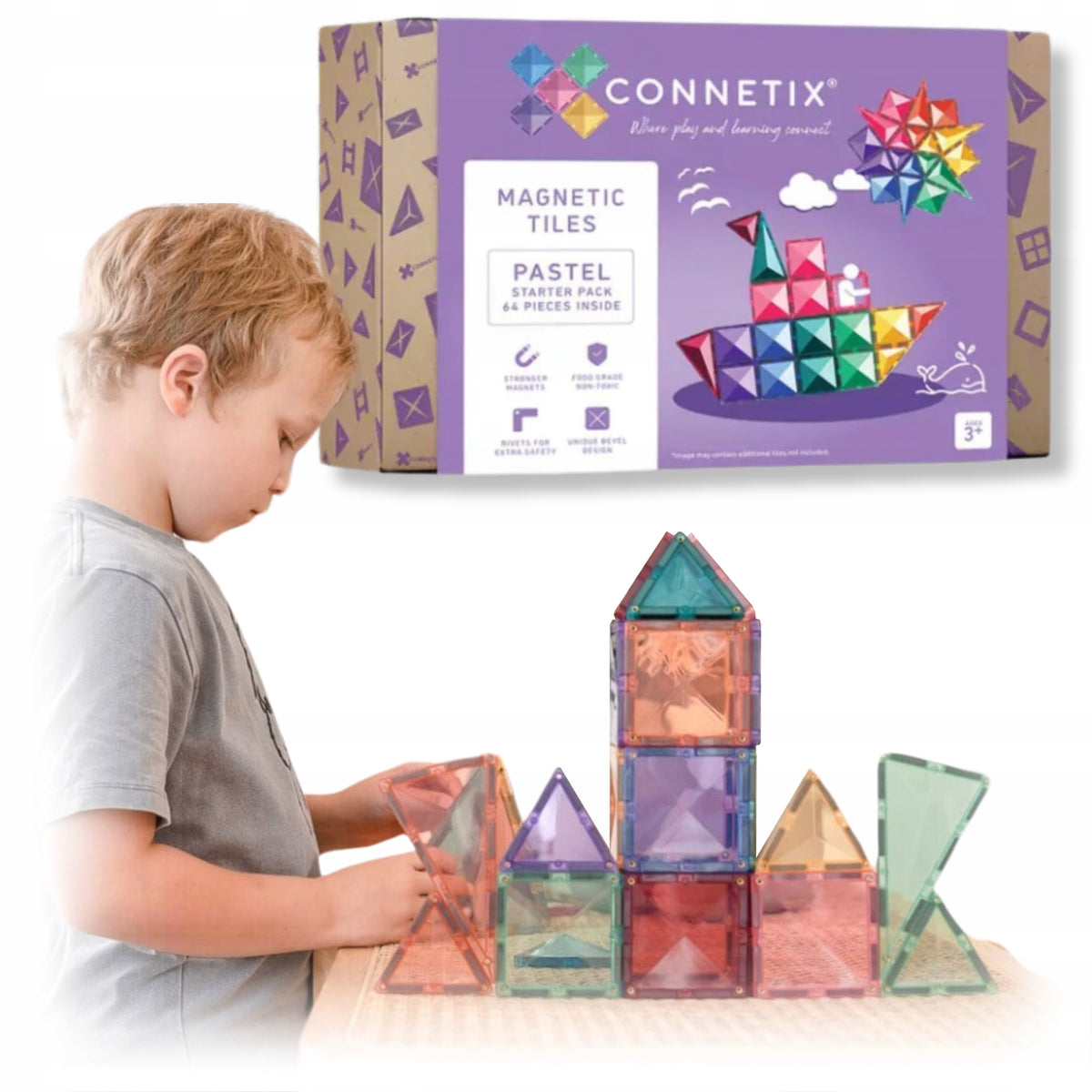 CONNETIX Pastel Starter Pack 64 magnetic tiles in play