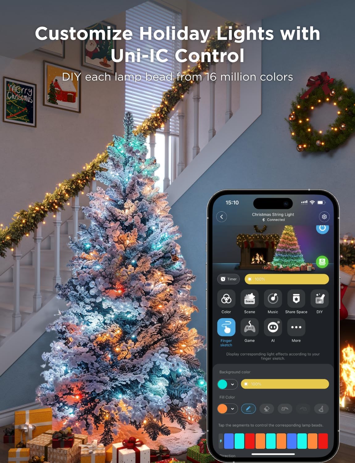 Govee smart Christmas string lights on a decorated tree with app control