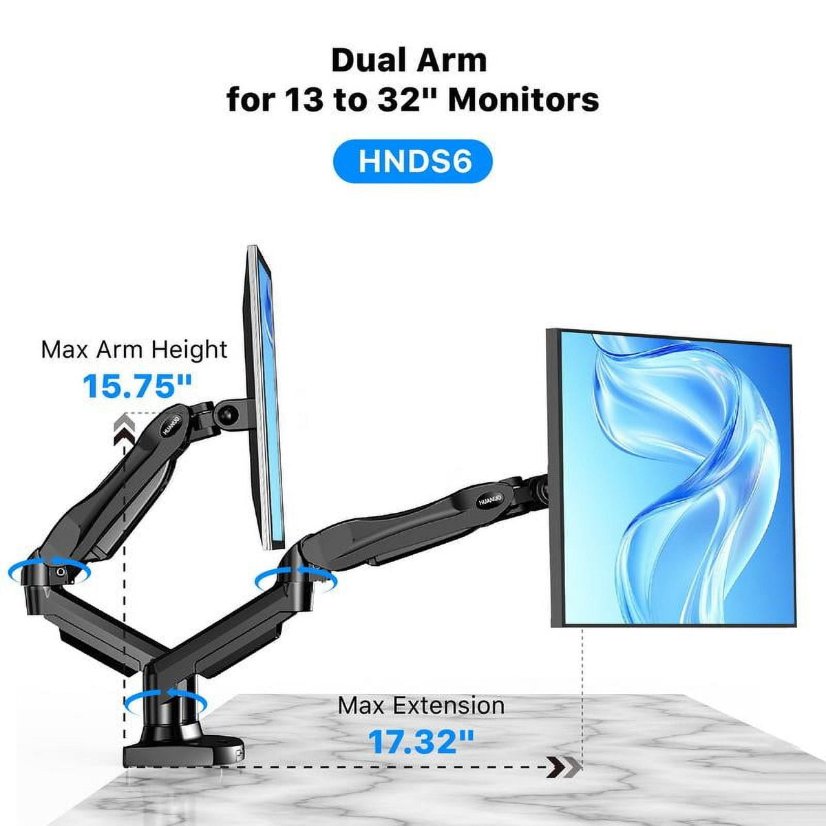 HUANUO HNDS6 dual monitor arm height and extension adjustment