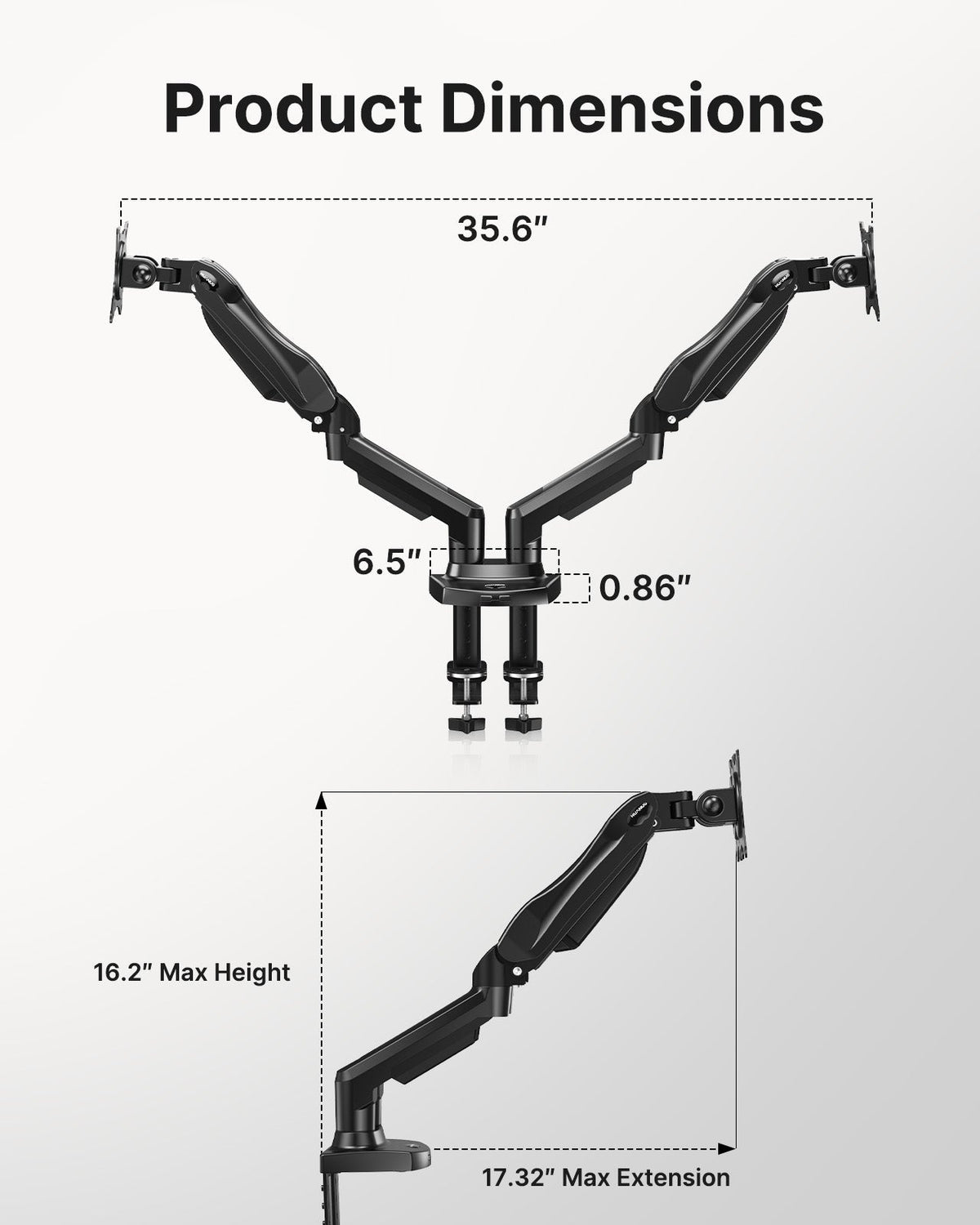 HUANUO HNDS6 dual monitor arm dimensions