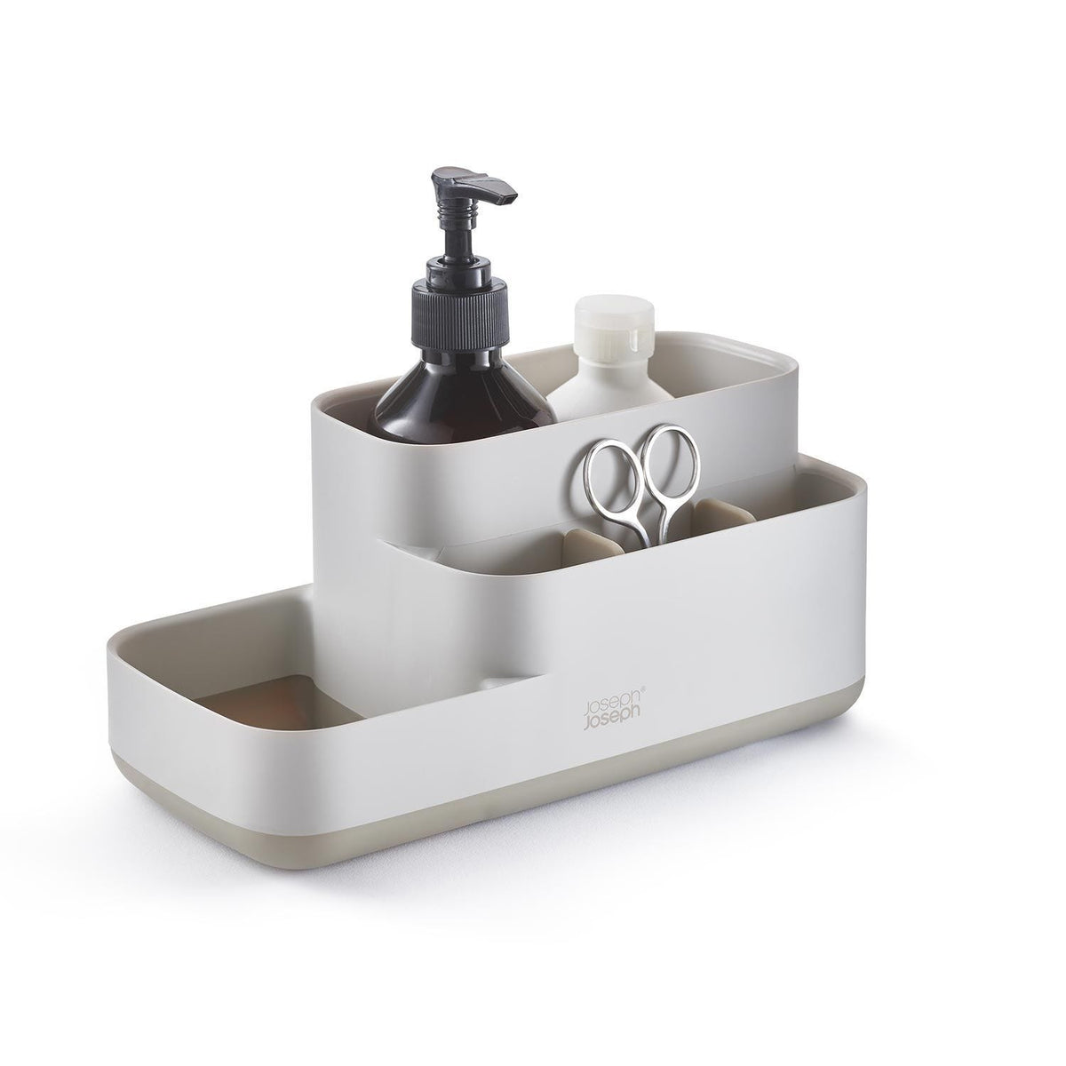 Joseph Joseph EasyStore Bathroom Caddy filled with bathroom essentials