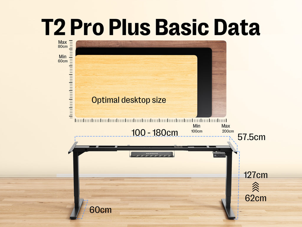 MAIDeSITe T2 Pro Plus standing desk frame dimensions