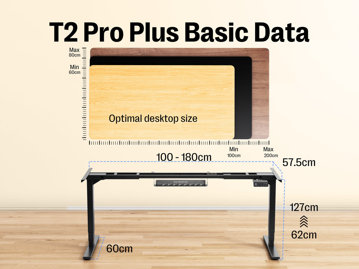 MAIDeSITe T2 Pro Plus standing desk frame dimensions
