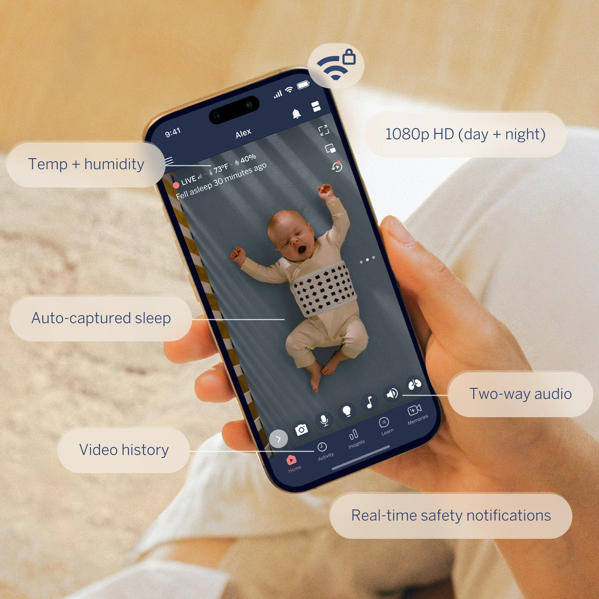 Nanit Pro app interface with 1080p video and monitoring features