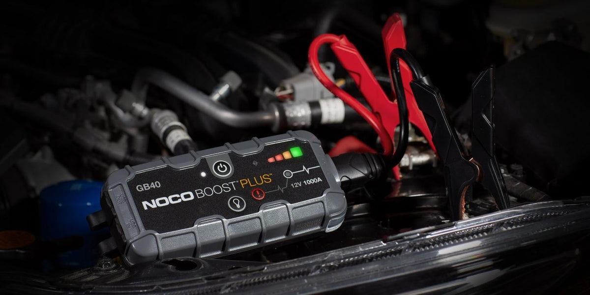 NOCO Boost Plus GB40 jump starter in vehicle engine bay