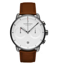 Nordgreen Pioneer silver chronograph with white dial and brown leather strap