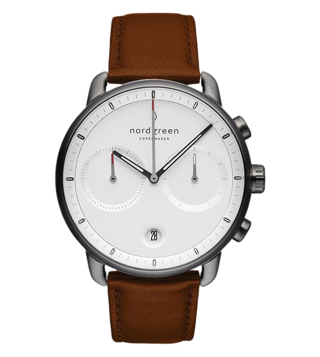 Nordgreen Pioneer silver chronograph with white dial and brown leather strap