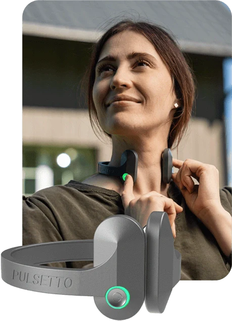 Pulsetto Lite vagus nerve stimulator worn around neck