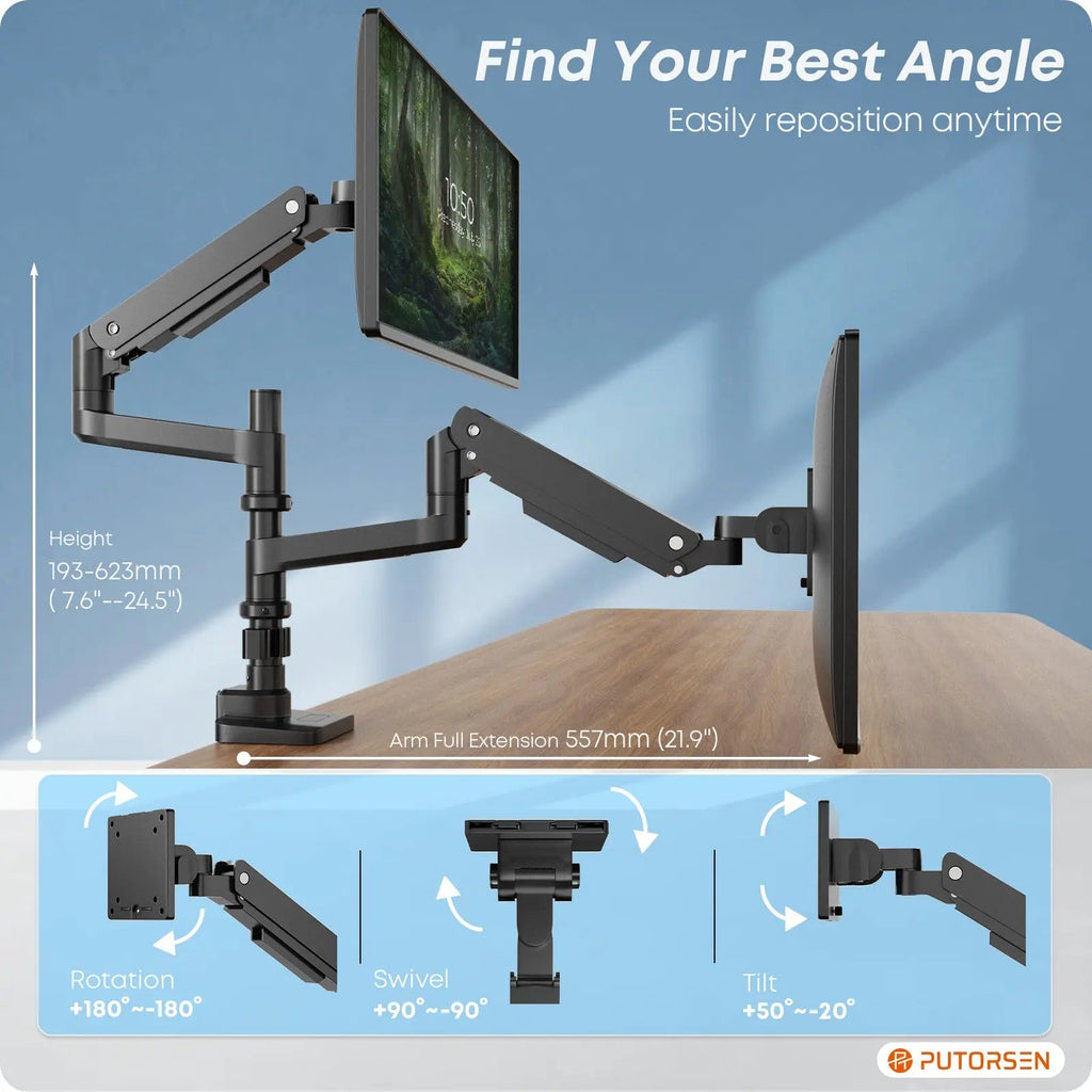 PUTORSEN heavy duty dual monitor arm adjustment range