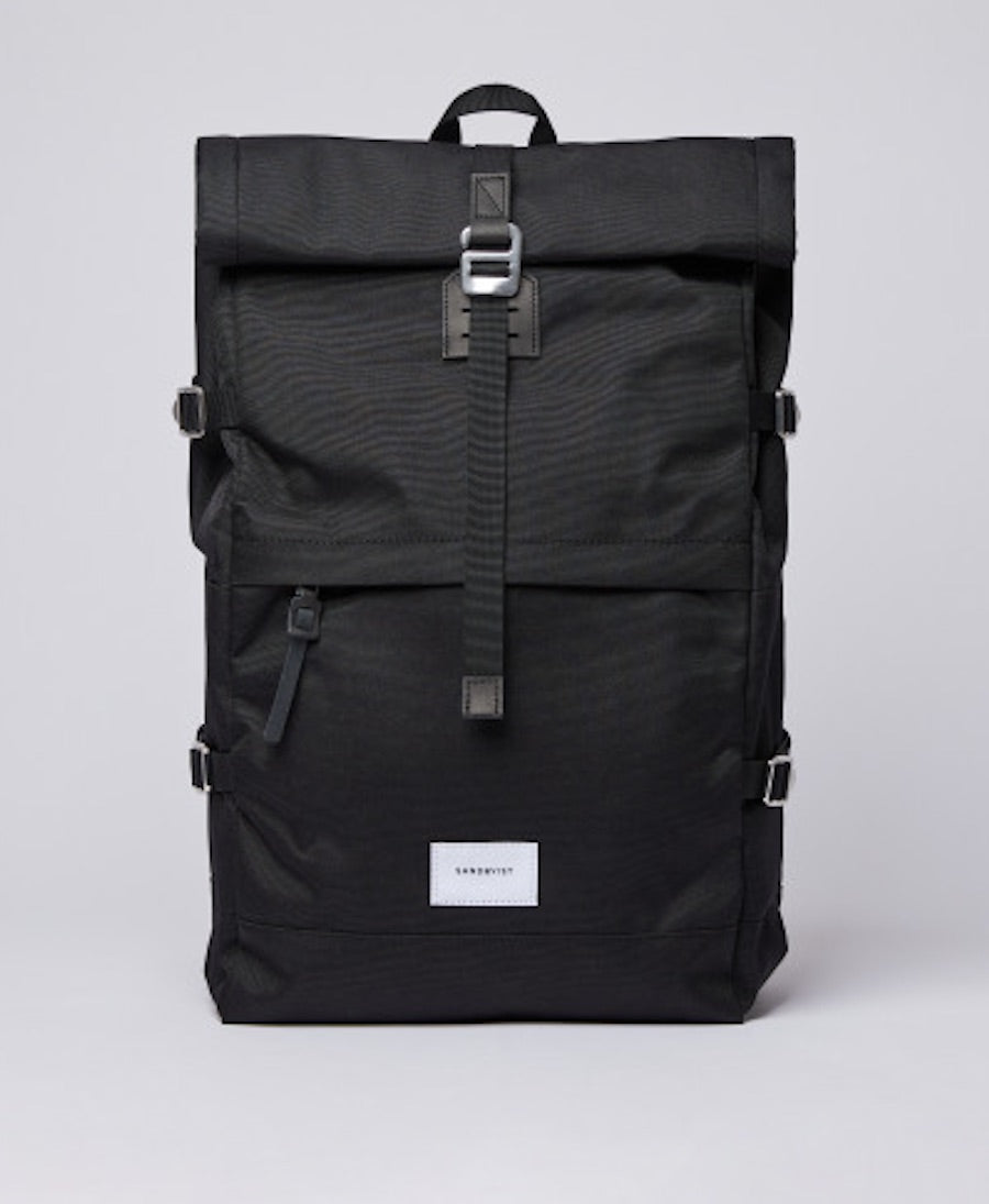 Sandqvist Bernt black rolltop backpack front view