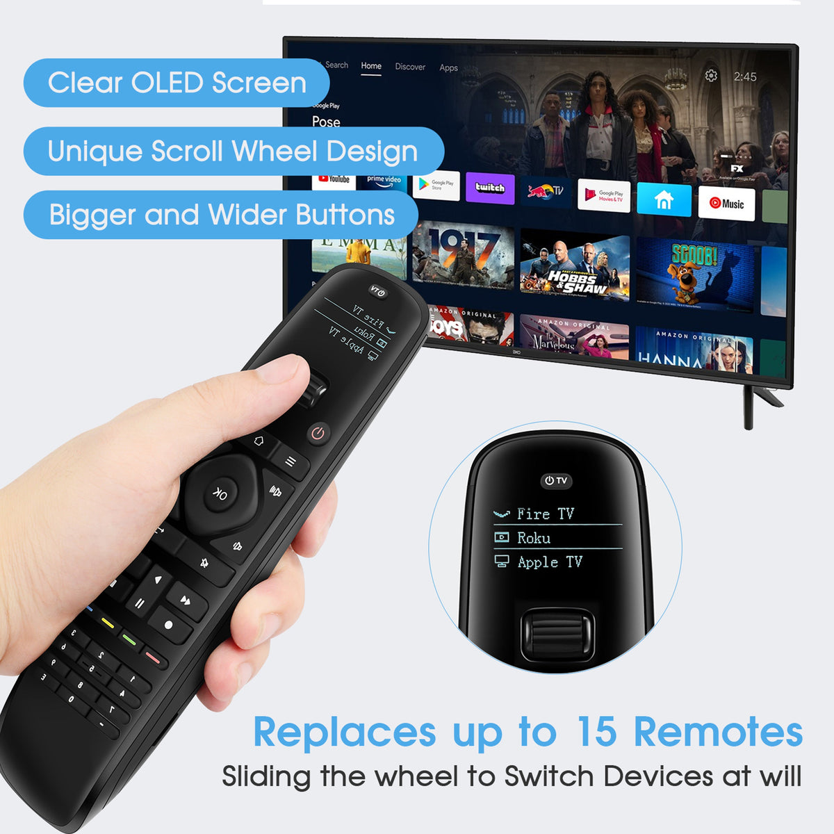 SofaBaton U2 universal remote controlling TV with OLED screen
