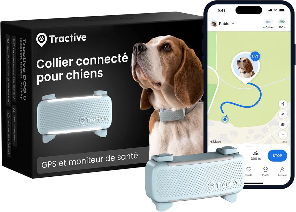 Tractive DOG 6 GPS and health tracker with retail packaging